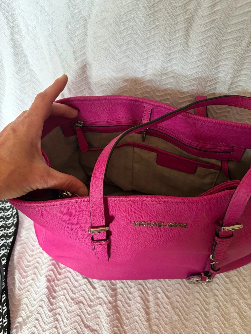 Michael Kors Fuchsia Saffiano Leather Tote with Logo Charm